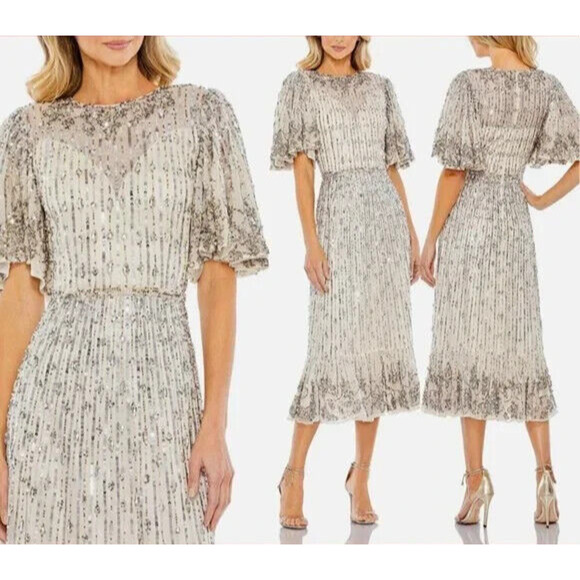 NWT MAC DUGGAL 5579 NUDE SILVER FLOUNCE SLEEVE MIDI DRESS $578‎ - Picture 1 of 6